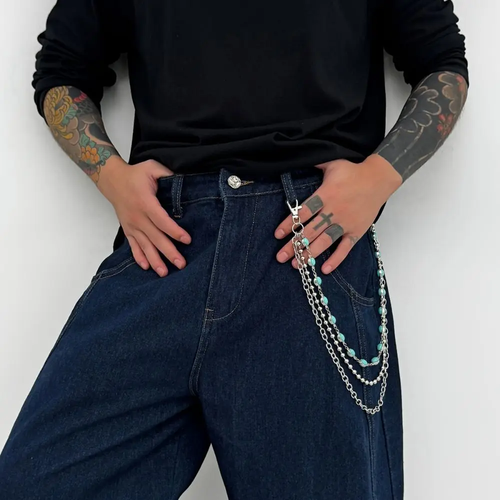 Cadena de cintura con perlas y borlas Retro para mujer, cadena para pantalones vaqueros con borlas turquesas de aleación de Zinc, cadena para cinturón Punk Harajuku multicapa