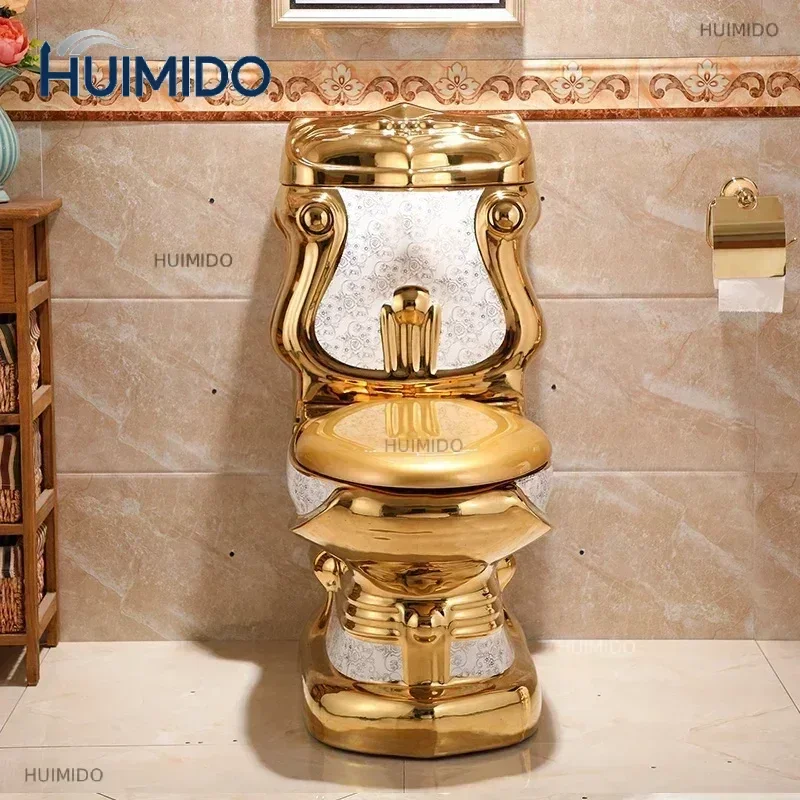 Royal Extreme Golden Electroplated Ceramic One-Piece Toilet Hotel Quality Bathroom Commode for Spaces