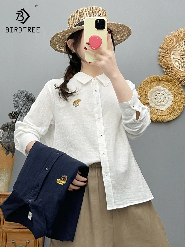 

New 2026 Spring Women Cotton Yarn Long Sleeve Shirt, Turn-down Collar Embroidery, Mori Girl Casual Thin Loose Blouse T63925CC
