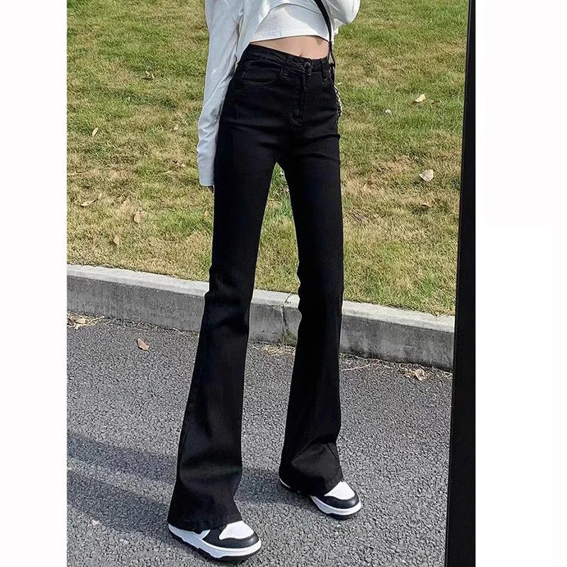 Lady Solid Thin Flared Jeans Girls High Waist Narrow Straight Leg Trousers Women Korean Classic Fashion Denim Pants