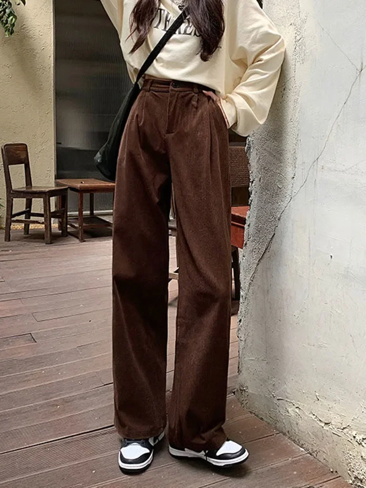 Fashion Corduroy Pants Women Retro High Waist Loose Coffee Trousers Fall Winter Vintage Black Wide Leg Steetwear Pants  2024 New