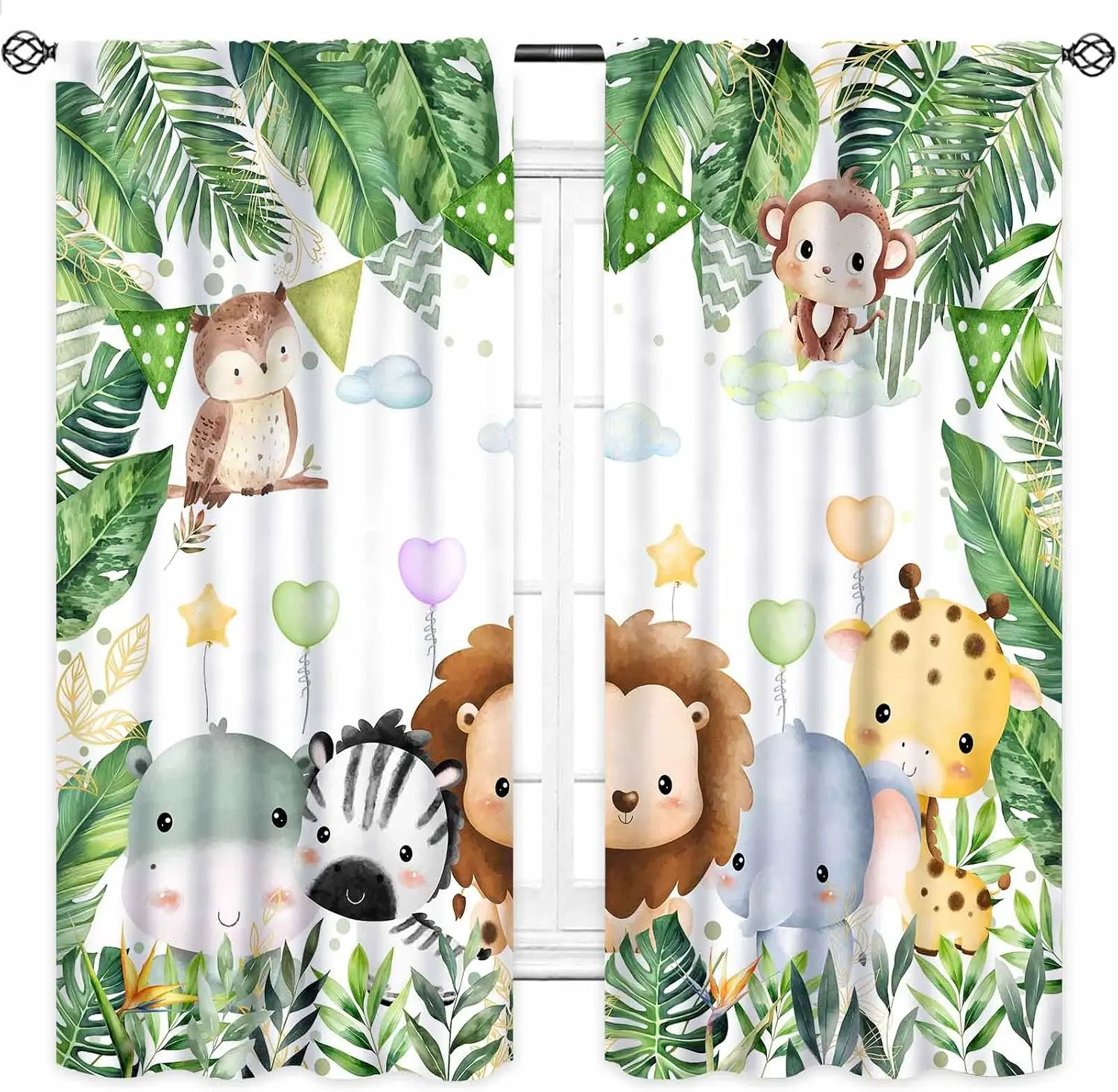 Jungle Animal Curtain Panels, Cute Lion Giraffe Elephant Zebra Monkey Owl Tropical Leaf Print Drapes for Kids Bedroom Decor