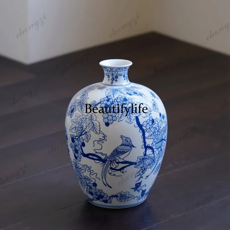 Pure hand-painted retro blue and white porcelain vase, round belly bottle, light luxury ornament in the living room entrance