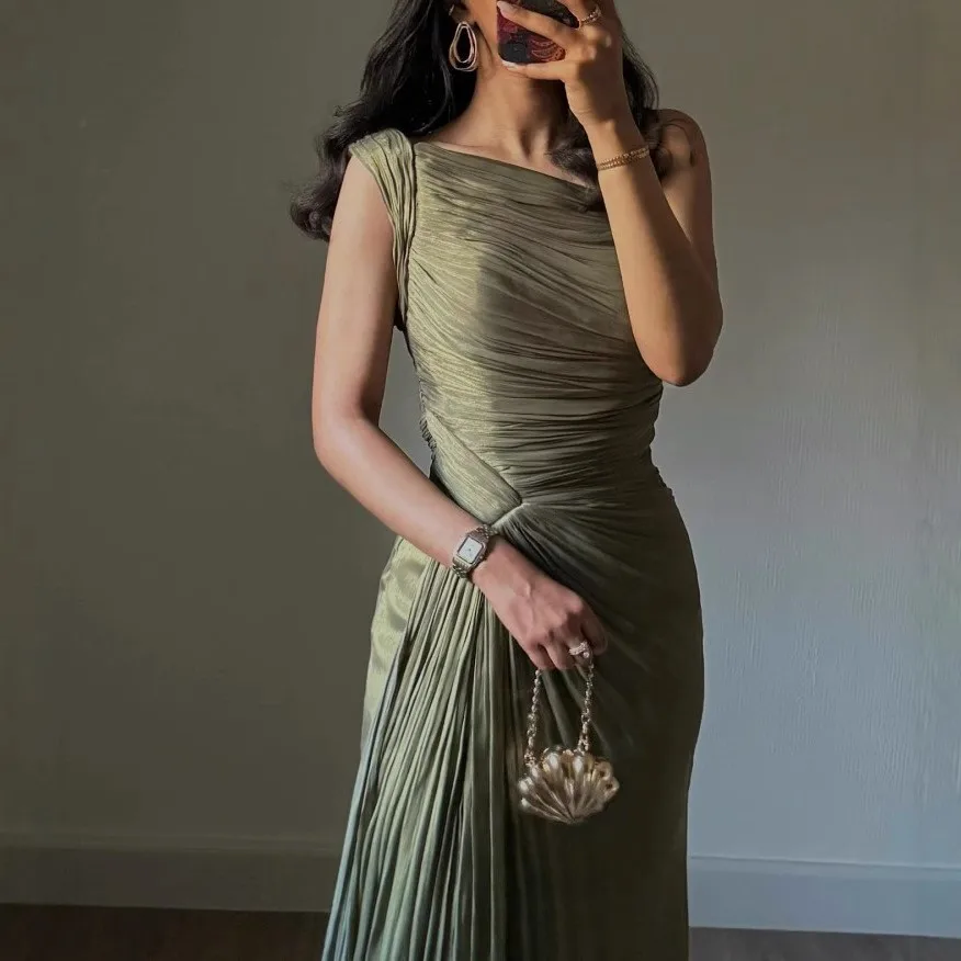 Women's Elegant Olive Green Evening Gown One Shoulder Ruched Waist Side Slit Satin Train Dubai Wedding Prom Formal Maxi Dress
