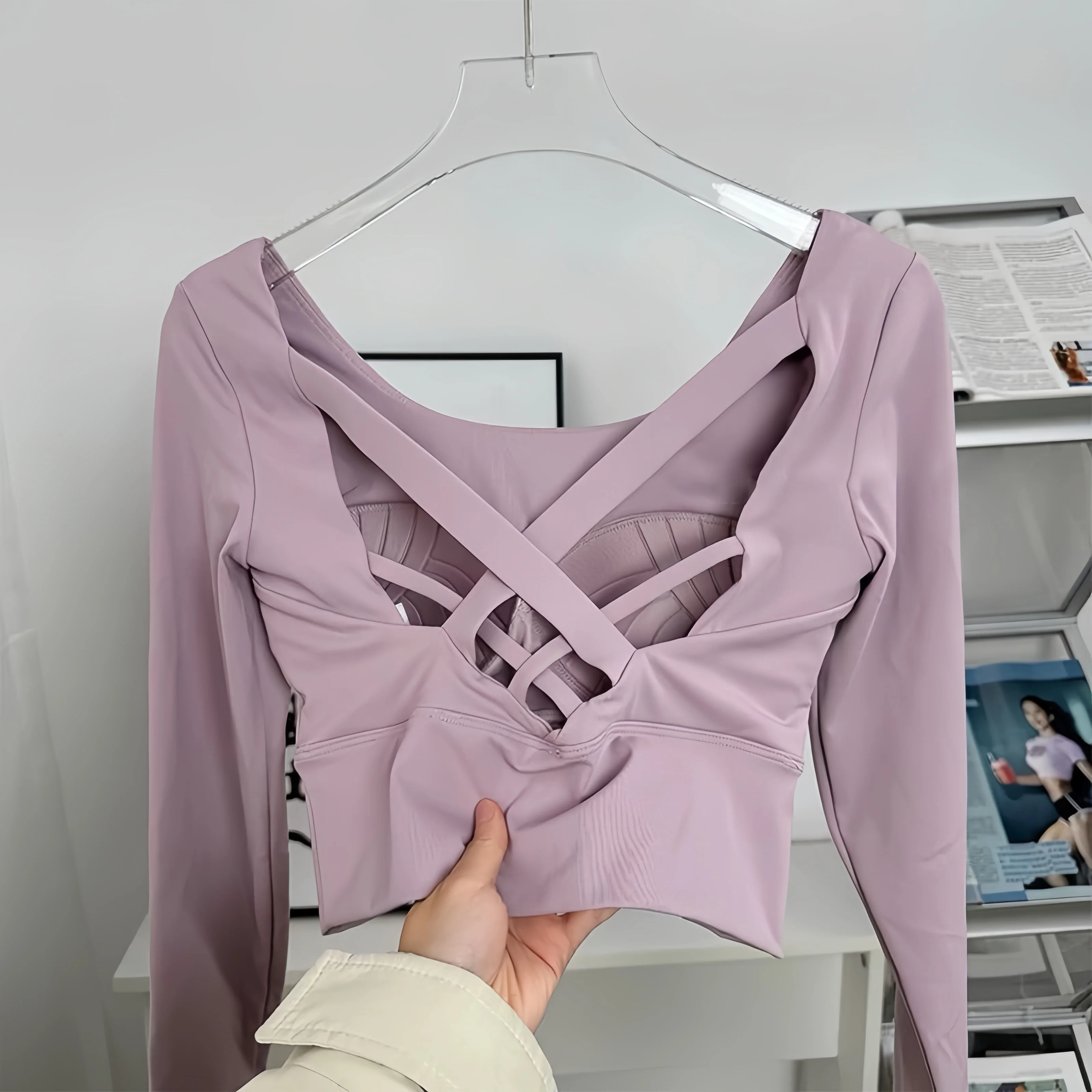 Women's Yoga Wear Long-Sleeve Fixed Bra Pad Fitness Pilates Running Sports Top Training Apparel image 3
