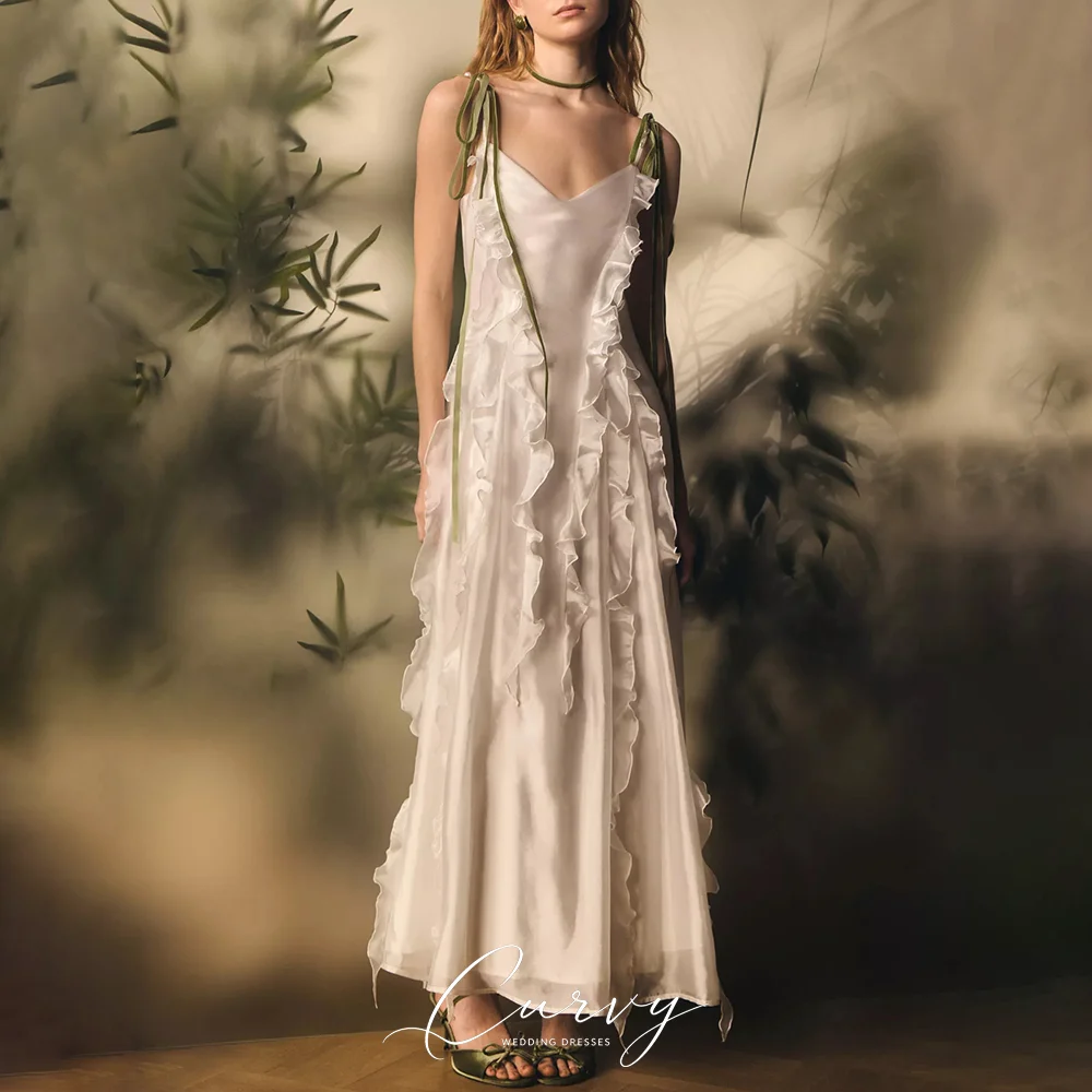 Curvy French Countryside Style Customized Satin Slip Ruffled A-Line Wedding Dress for WomenBridal Party 2026