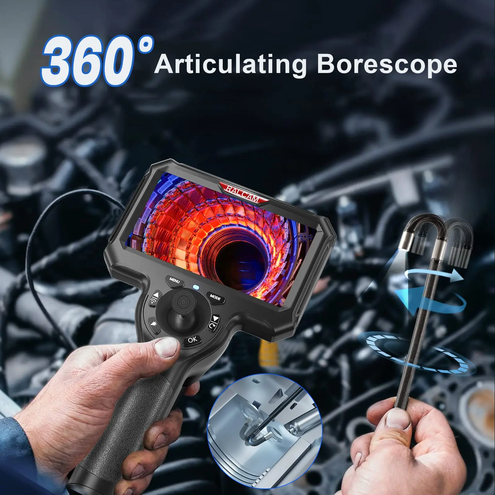 Ralcam 360° Joystick Articulating Industrial grade Borescope 6mm 4 Ways 5\'\' IPS 1MP Endoscope Inspection Camera with 6LED Lights