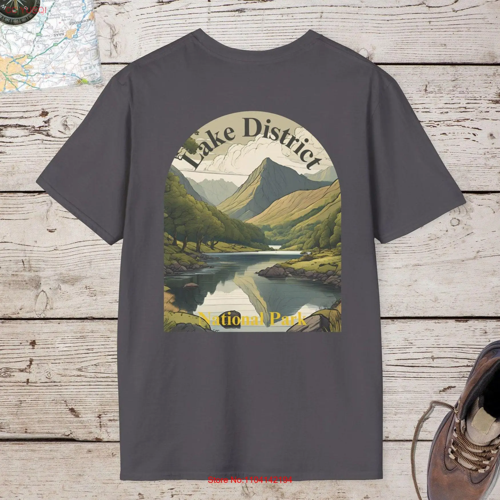 Футболка с принтом Озерного района и национального парка с компасом, идеально подходит для любителей пеших прогулок, любителей гор и природы