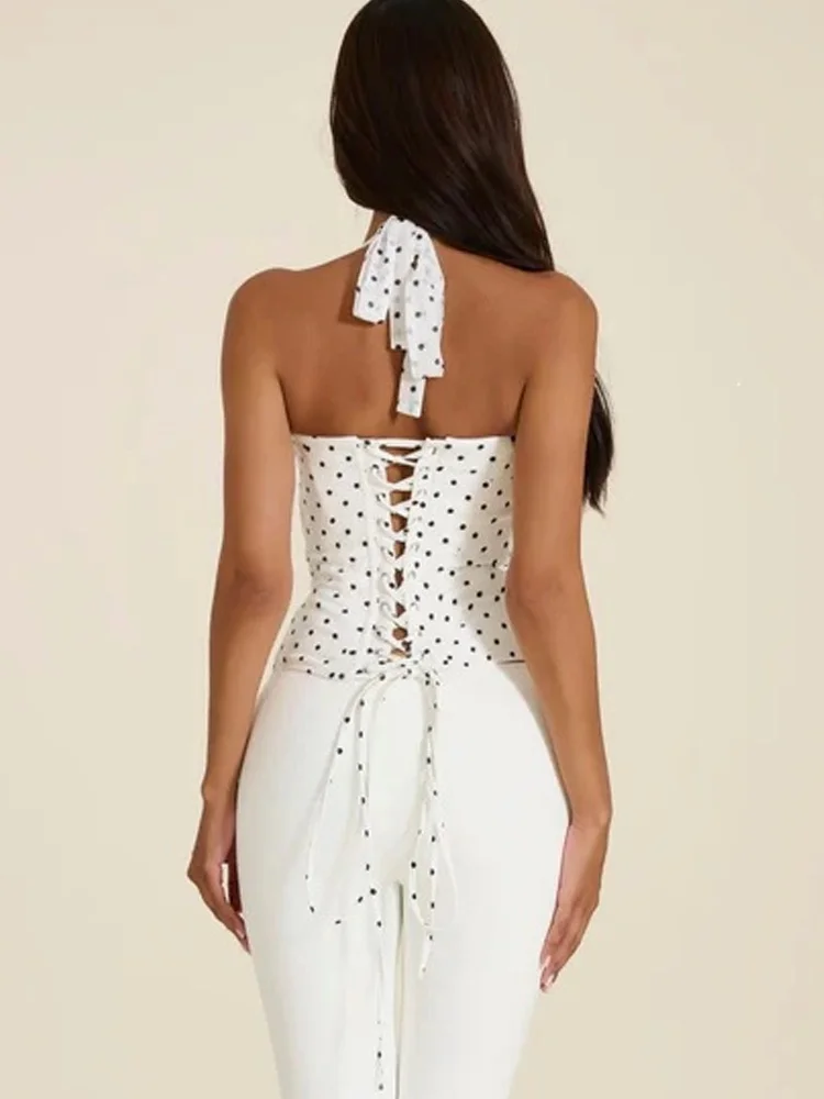 Summer Women Casual Vintage Polka Dot Halter Sweetheart Neck Lace-Up Back Shaping Waist Crop Corset Top