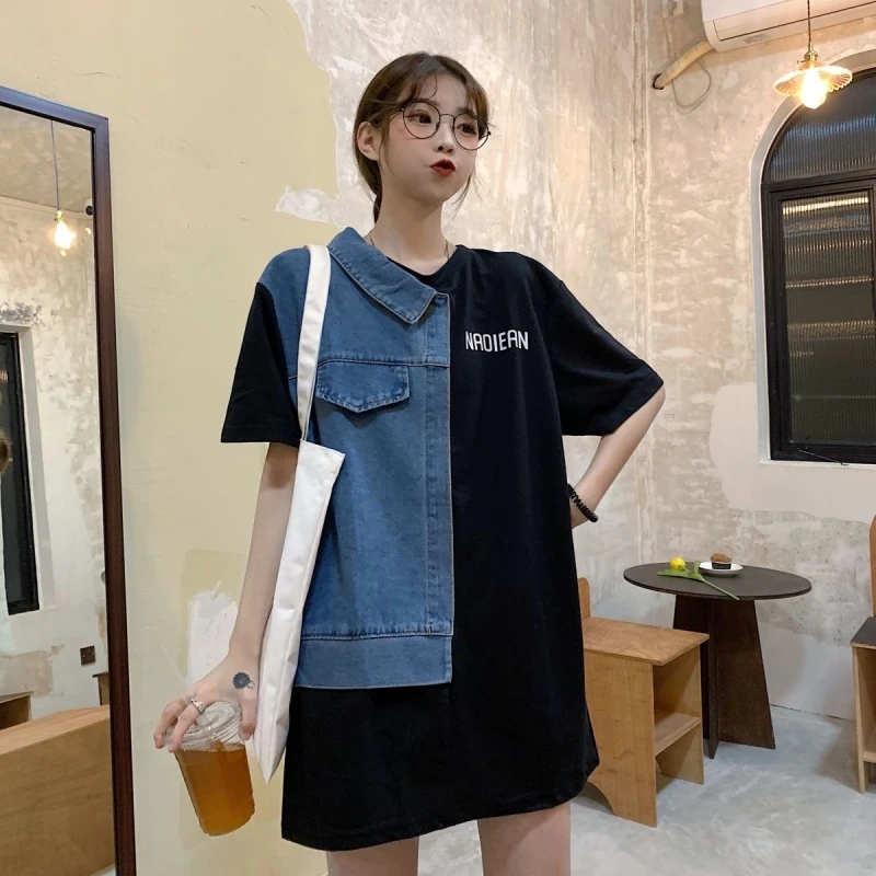 2025 Zuid-Koreaanse Denim Splicing Jurk Ronde Hals Korte Mouw K Mode Vrouwen Taille Aanscherping Onregelmatige T-shirt Rok