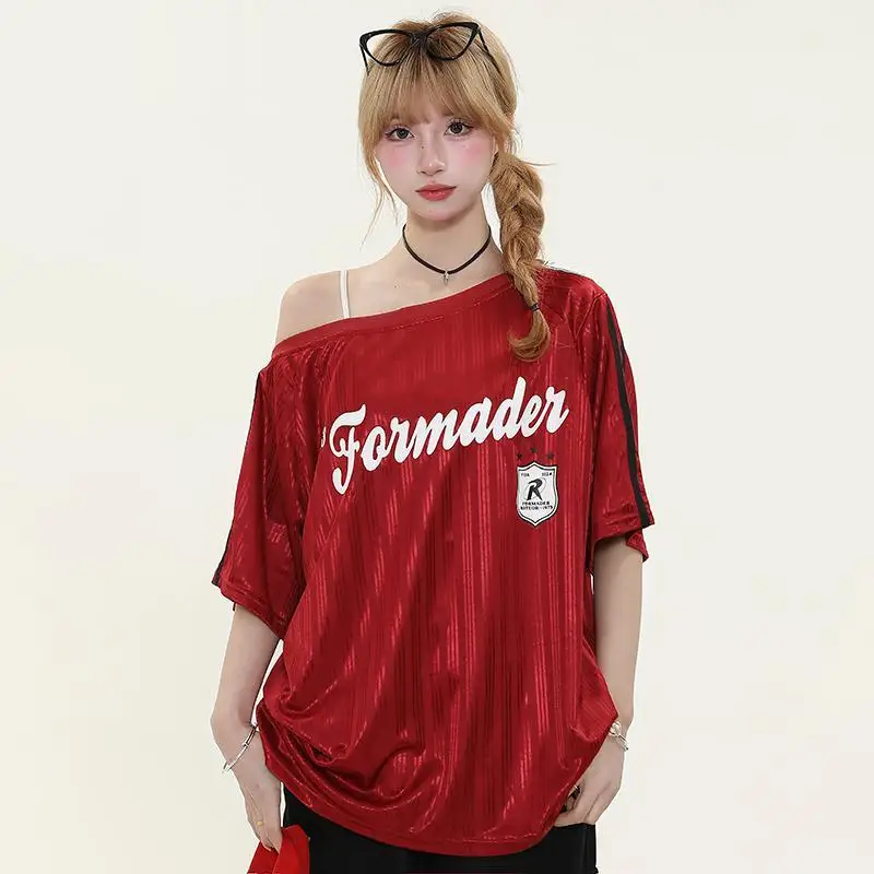 

American Letter Printed Slanted Neck Off Shoulder Short Sleeved T-shirt for Women Summer Trend Loose Sporty Style Spicy Girl Top