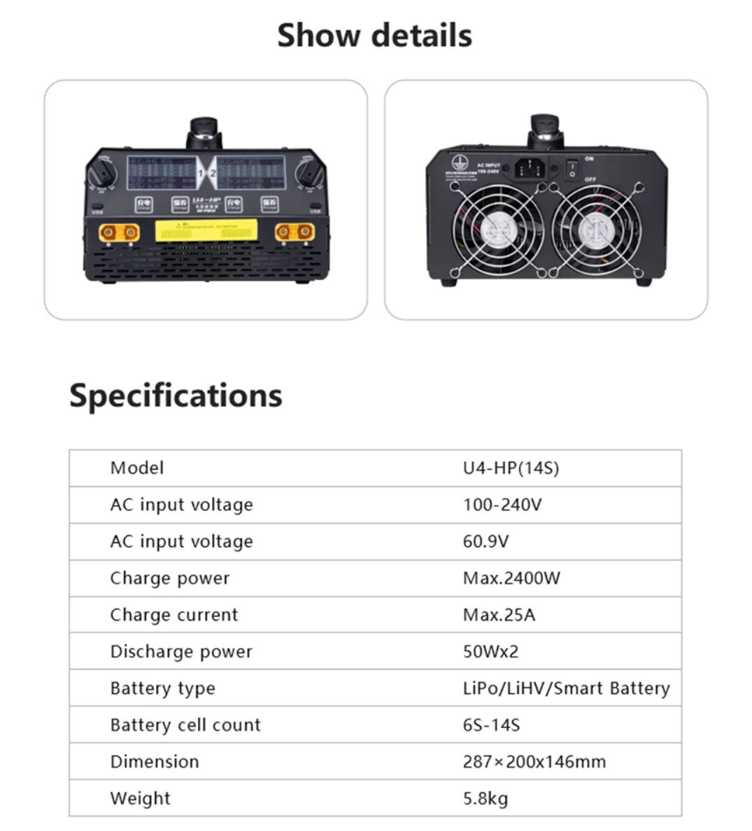 EV-PEAK U4-HP 밸런스 충전기 듀얼 채널, LiPo/LiHv 6S-14S 배터리용, 2500W 25A