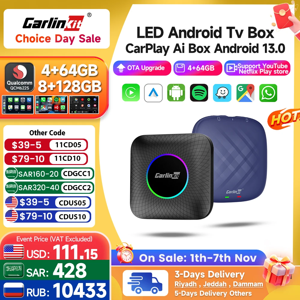 Carlinkit Ai Box Android 13 Led Wireless Android Auto & CarPlay Smart Tv Box QCM6225 Support Youtube Netflix Car Accessories