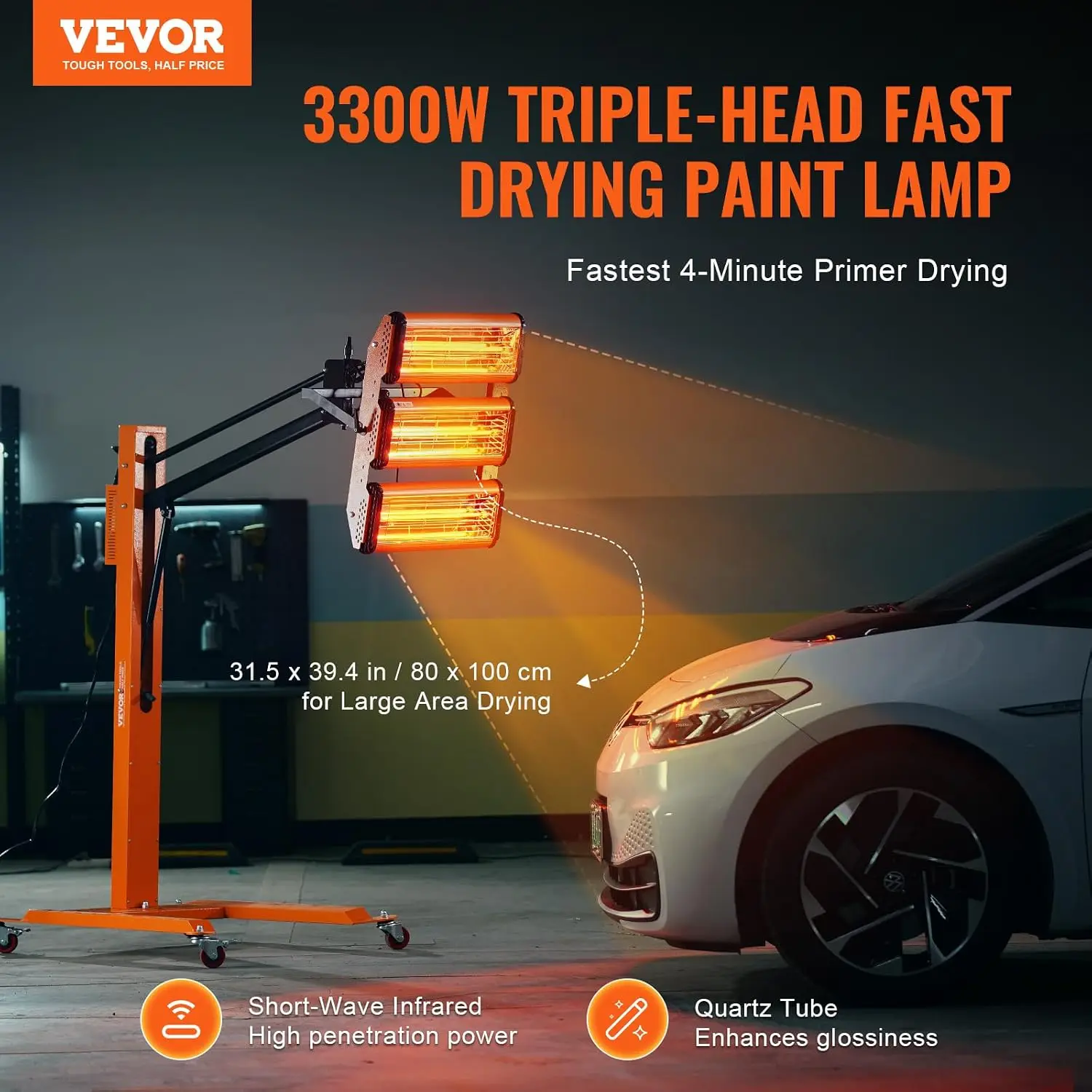 Infrared Drying Lamp, 3300W with 1-60 min Timer, Automatic Heat for Automotive Repairs, Includes Stand, Covers 8.61 sq.ft, Ideal