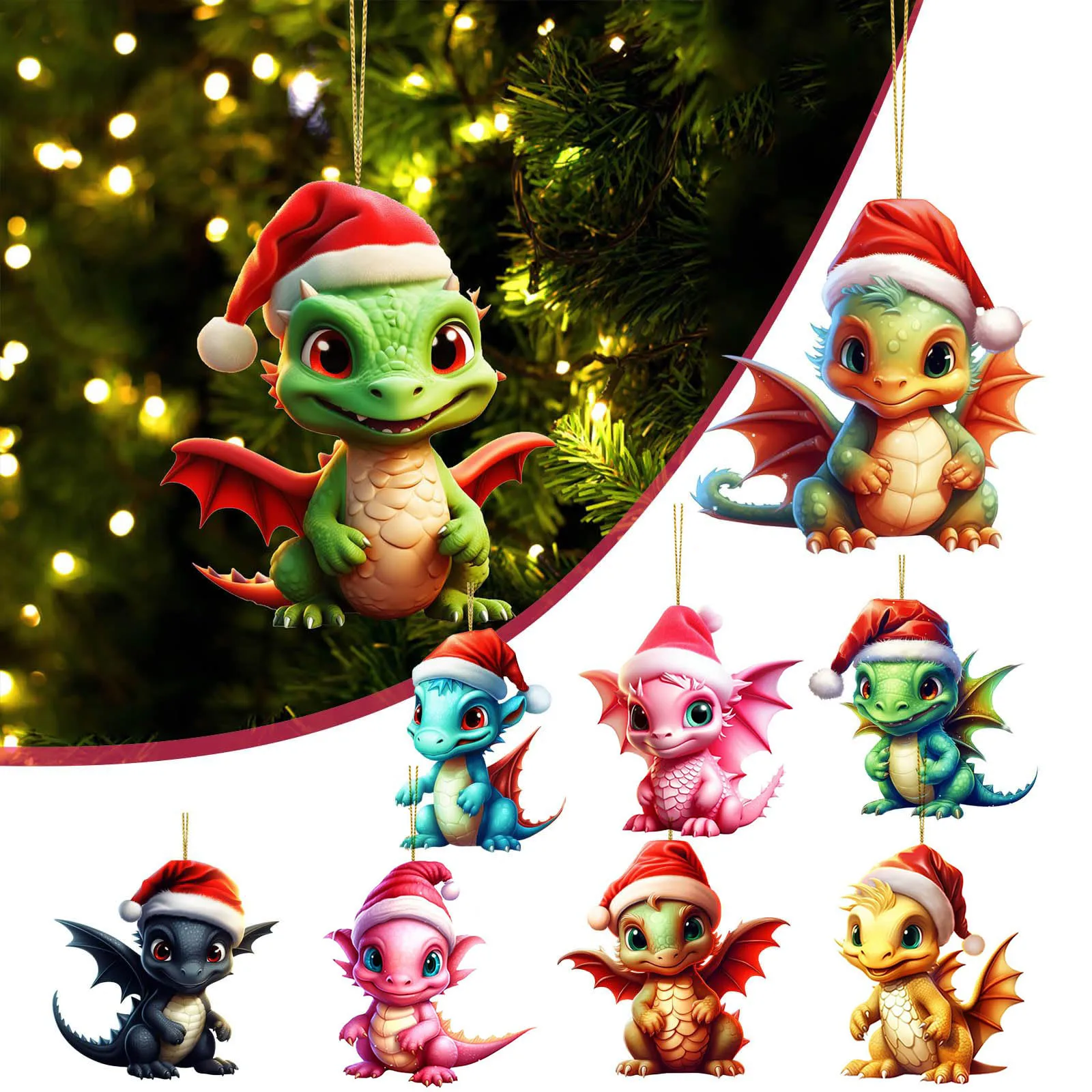 New Christmas Dragon Baby 2D Acrylic Cartoon Dinosaur Ornament Cute Christmas Tree Decoration Pendant for Home Office Decoration