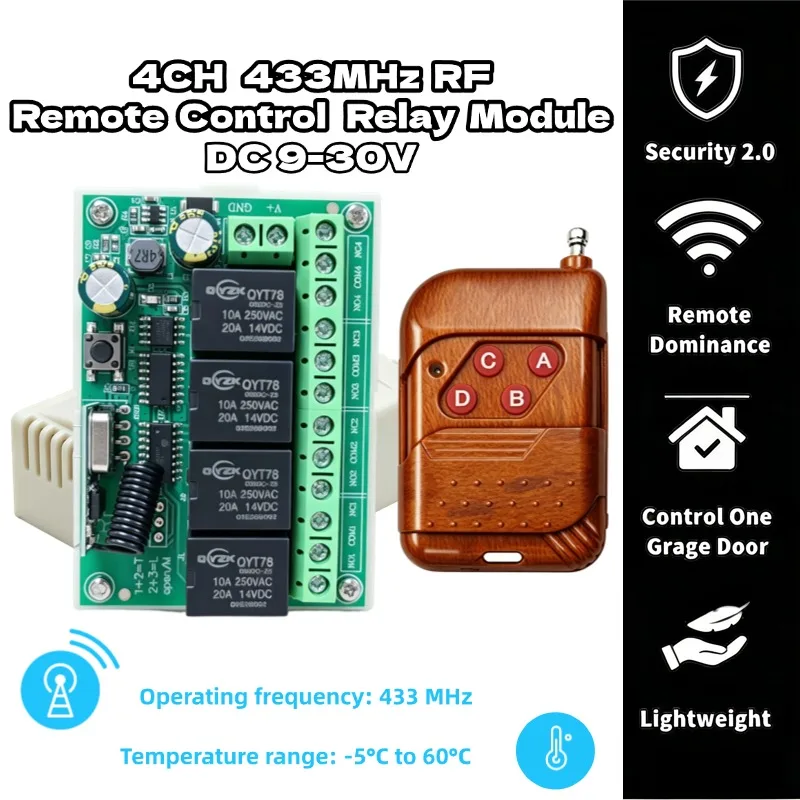 433 MHz Wireless Universal Remote Control Switch DC 12V 4CH RF Relay Receiver and Transmitter for Garage and Gate Controller DIY