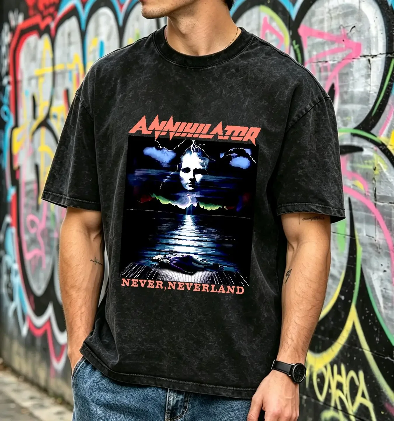 washed T Shirt Dead 90s ANNIHILATOR NEVER NEVERLAND SizeL Made in Pakistan Vintage vintage Washed Soft Comfortable fashion
