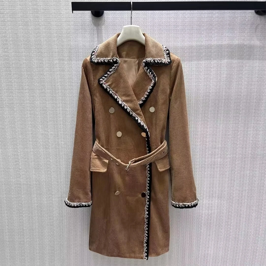 New Fall Winter Luxury Vintage Corduroy Long Coat Women Crochet Lapel Long Sleeve Double Breasted Belt Fashion Chic Overcoat