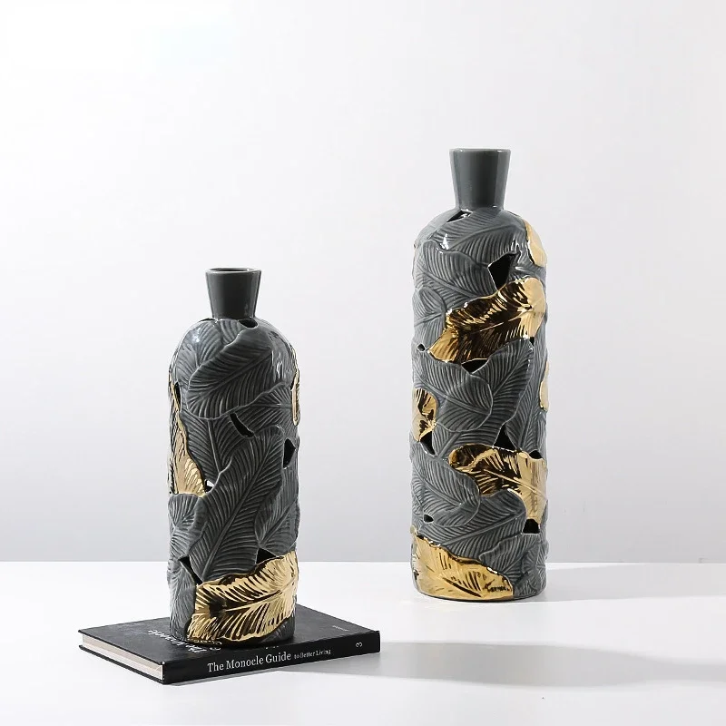 Ceramic Vase Creative Feather Shape Gray Gold Feather Pattern Flower Vase Porcelain Bottle Home Decoration Accessories