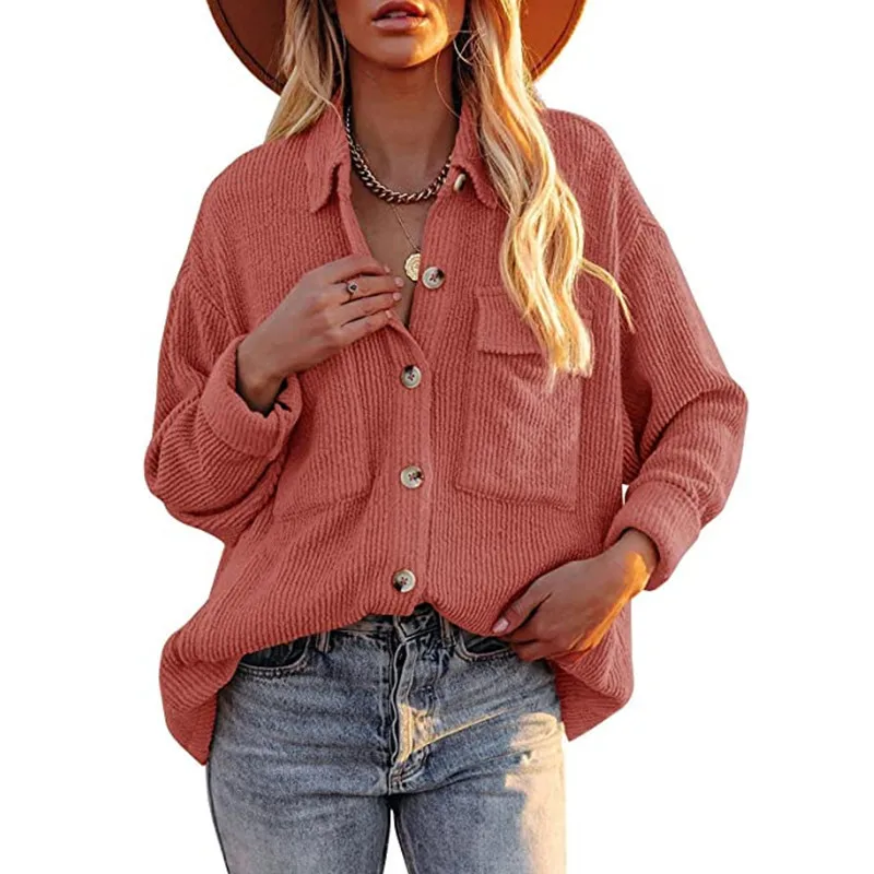 2023 Autumn and Winter Women\'s Fashion Solid Color Loose Corduroy Lapel Double Pocket Long Sleeve Casual Versatile Shirt Coat