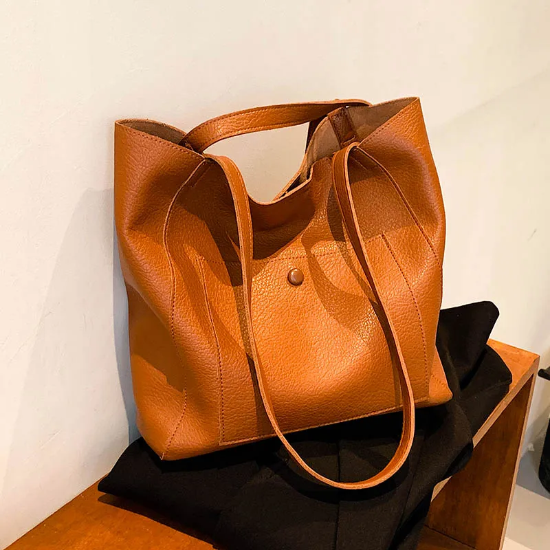 Vintage Handbags Autumn Women Bucket Shoulder Bag Fashion Commute Underarm Bags Large Capacity All-match Soft Pu Totes Trend