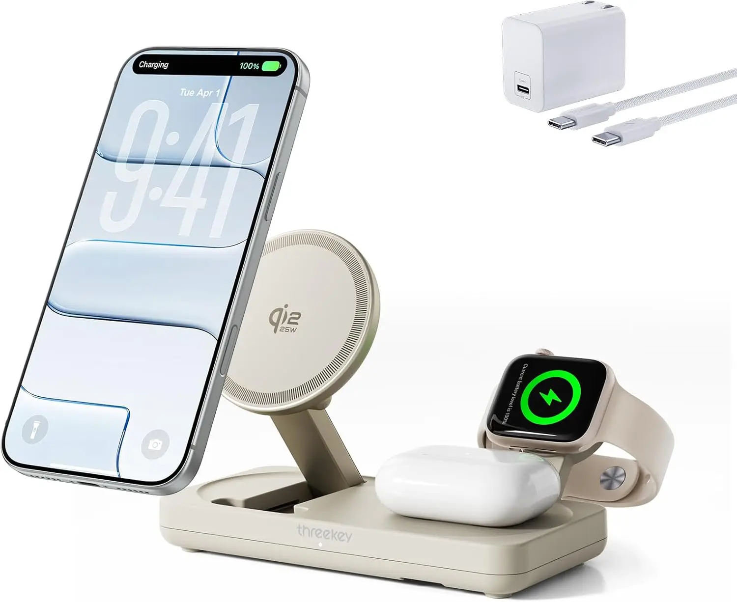 

3-in-1 Wireless Charging Station for iPhone 17-12, Apple Watch, AirPods, Pixel 10 Pro XL with 45W Adapter