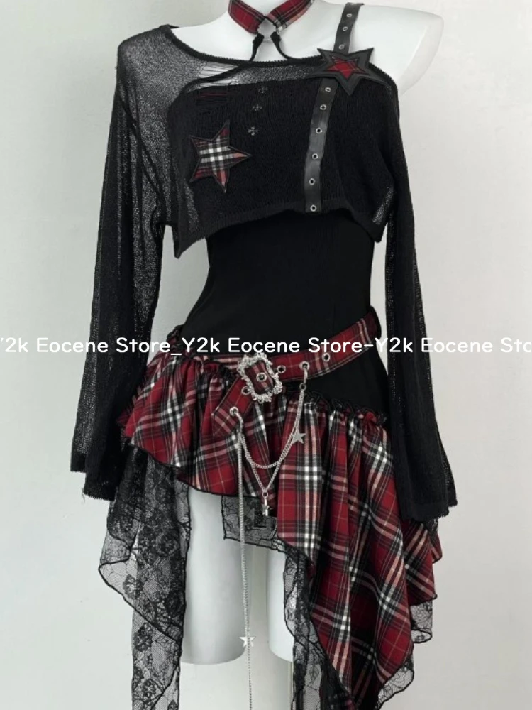 2000 年代 Y2K スパイシーガールデザイン不規則なセットチェック柄スプライシングストラップレスドレスセット女性薄型長袖日焼け止めカバーアップスーツ