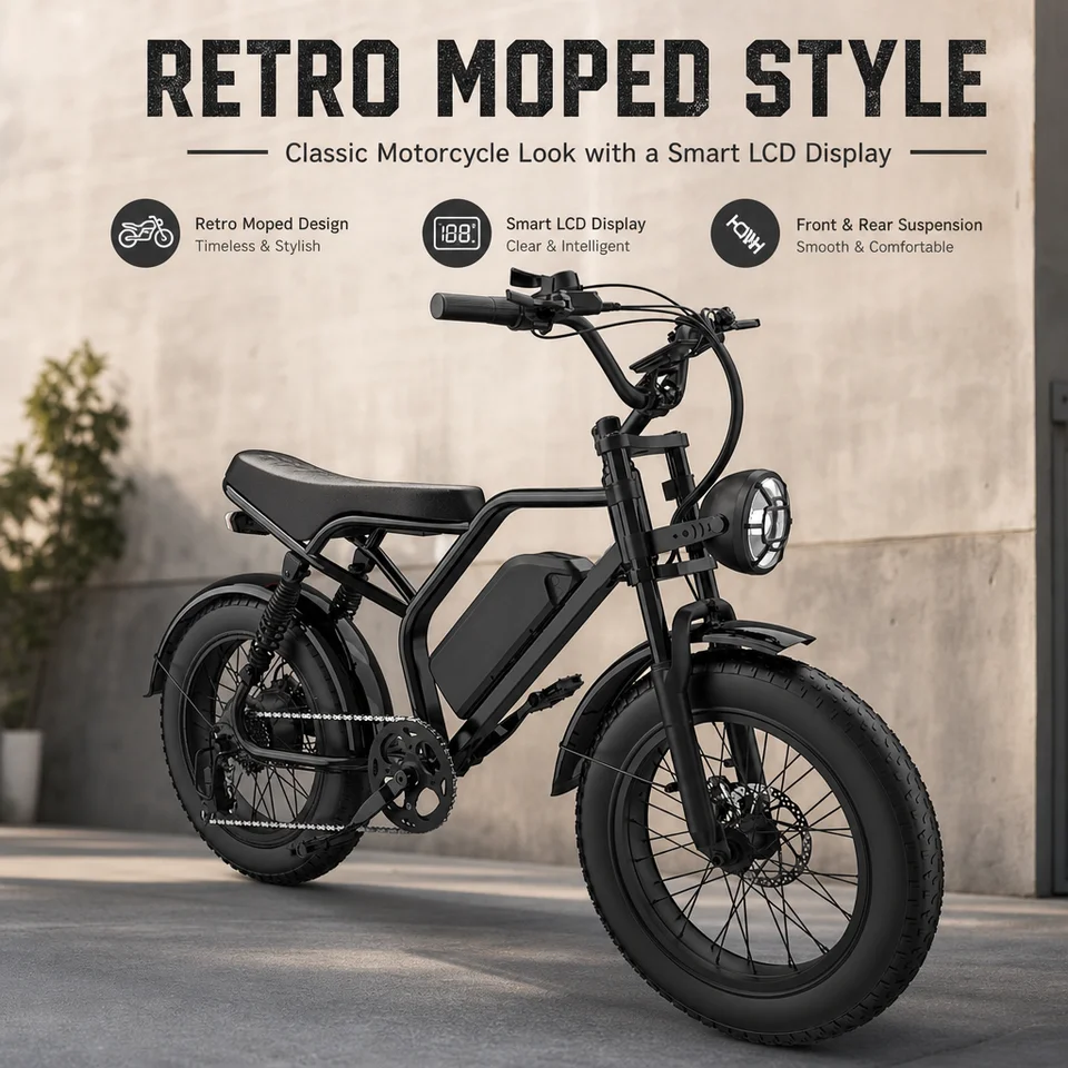 1500W Peak Electric Bike for Adults 48V 20Ah Fat Tire E-Bike 28MPH Retro Moped Style Full Suspension Hydraulic Brakes All-Terrain US Stock image 7