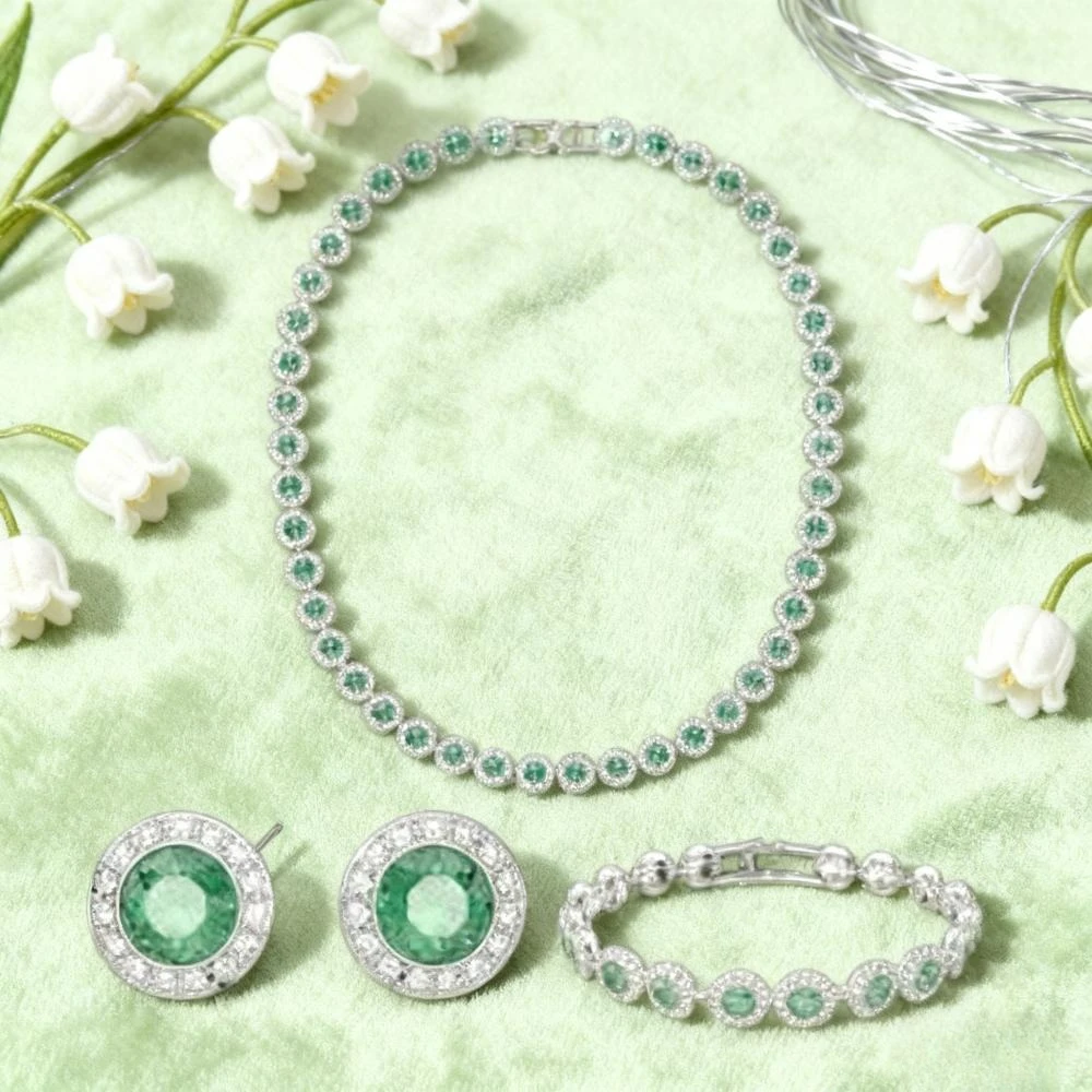 2025, trendiger Schmuck, Texturschmuck, Kristall-Halskette, Ohrringe, Armband, dreiteiliges Set, Vitalität, grünes Set, Verlobung, bevorzugt