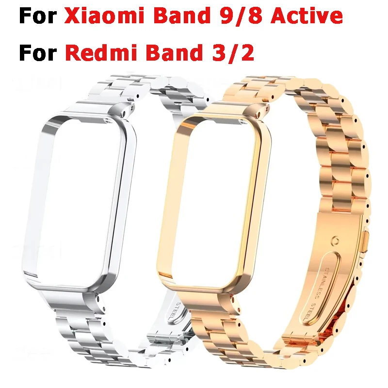 

Ремешок из нержавеющей стали + чехол для Xiaomi Band 9/8, активный металлический сменный браслет, ремешок для часов для Redmi Band 2/3, браслет