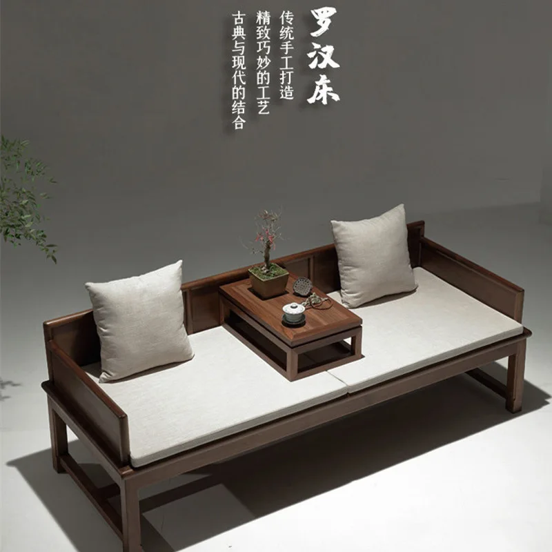 Nordic black walnut new Chinese solid wood sofa Zen fabric Arhat bed Cherry wood log simple sofa bed