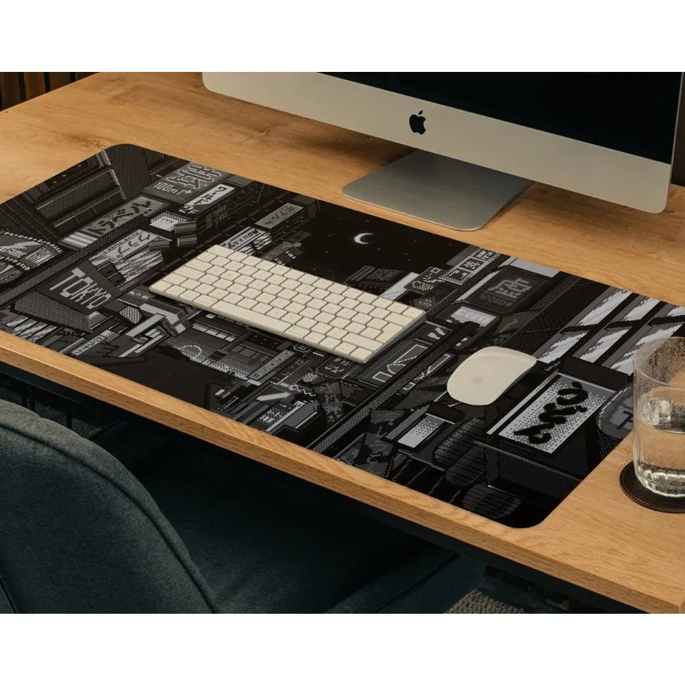 Black & White Desk mat, Japanese Neon Street deskmat, Vaporwave Anime City Pixel Art Mousepad,desk accessories desk mat