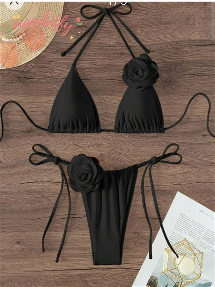 Sexy Bikini Set Women Swimsuit Black White 3D Floral Print Micro Bikinis Brazilian Cutout Beach Bathing Suit Thong Swimwear