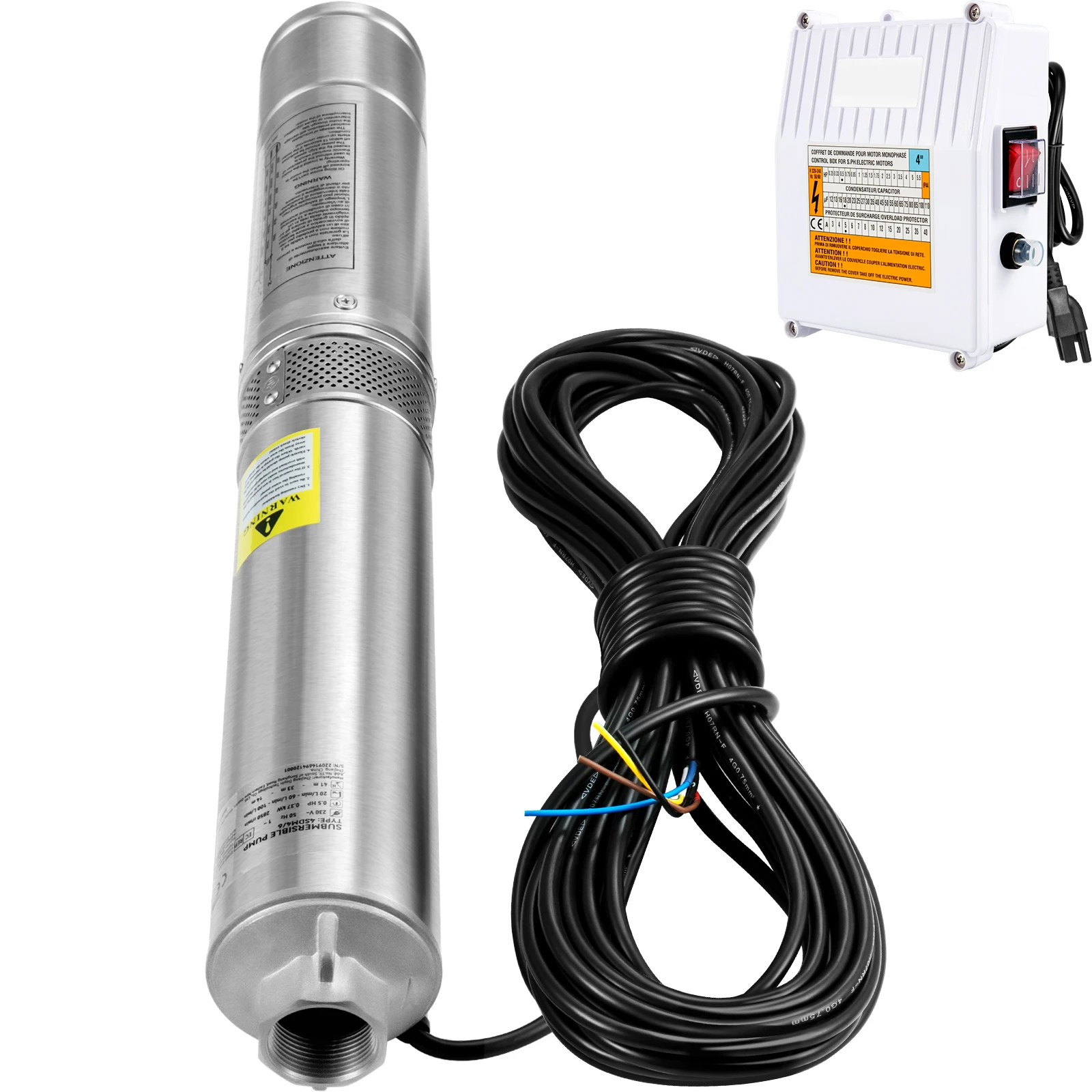 Deep Well Submersible Pump, 2HP 230V/60Hz, 37GPM 427 ft Head, Featuring 33 ft Cord & External Control Box, 4 inch Stainless Steel Water Pumps for Industrial, IP68 Waterproof, Irrigation and Home Use
