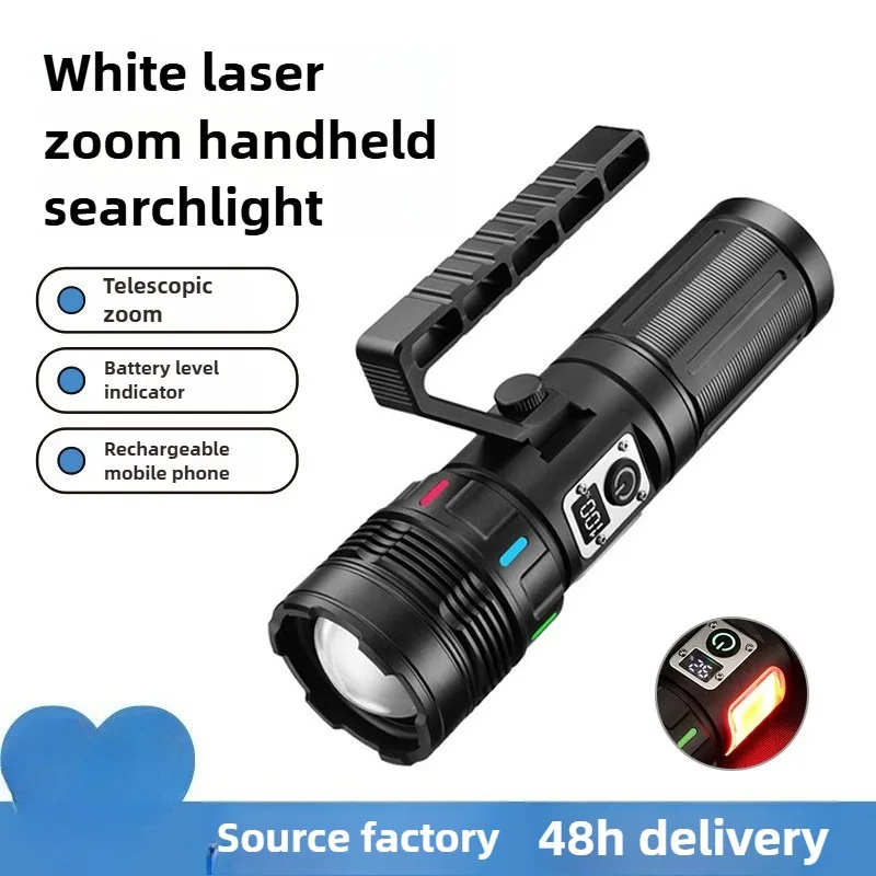 High-Power White Laser Zoom Searchlight: Ultra-Bright, USB Rechargeable, Digital Display, Alloy Handheld Flashlight