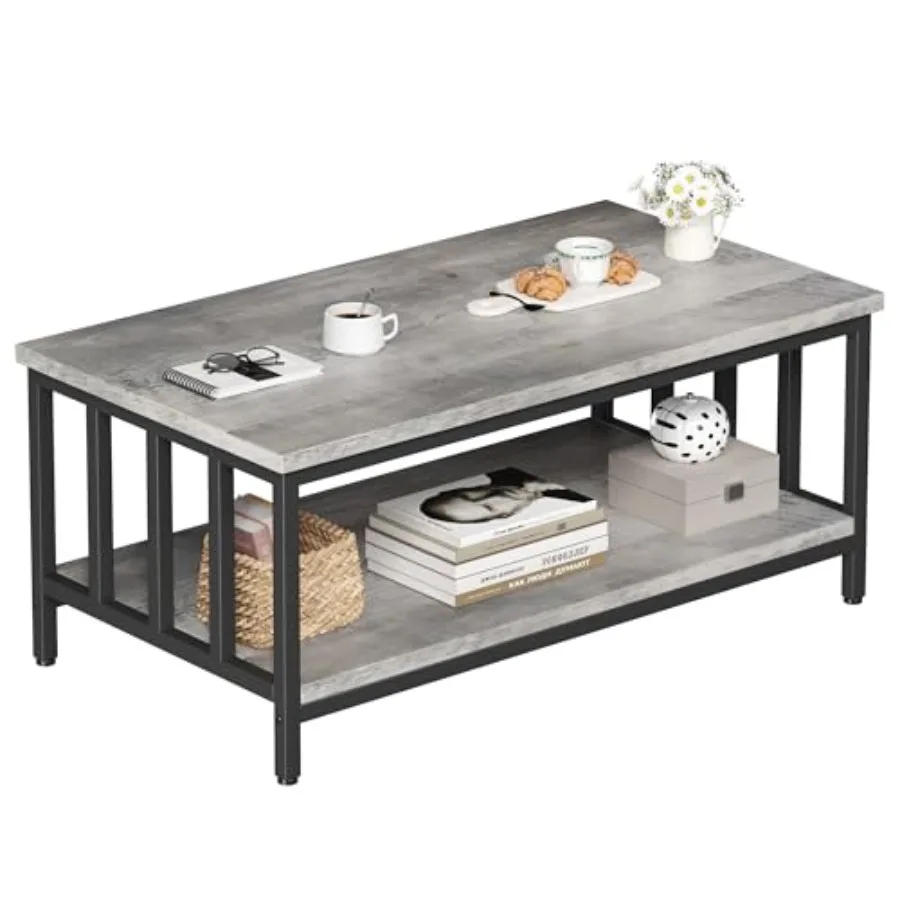 Coffee Table for Living Room with Slatted Sides Frame Modern Farmhouse Living Room Table with 2-Tier Storage Shelf for Home Off