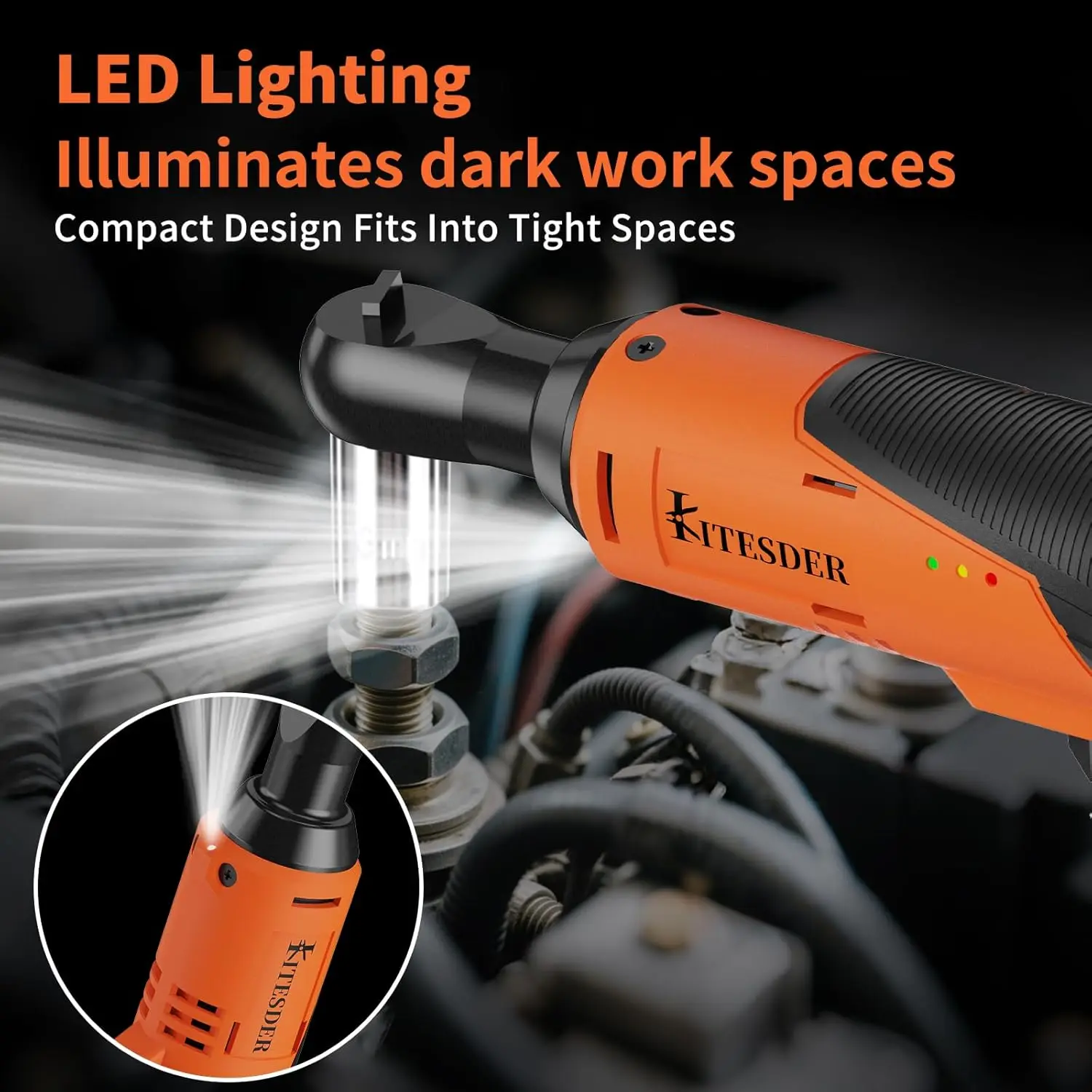 

16.8V Cordless Ratchet Wrench Set, 40Ft-Lbs, 3/8', with LED Light & 6 Sockets, 2.0Ah Batteries and Charger