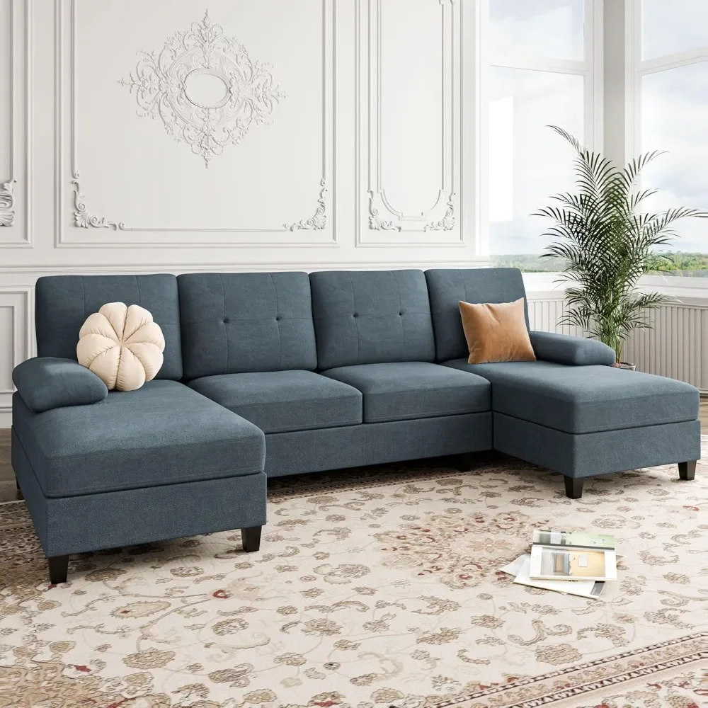 

Sectional Sofa with Double Chaise 4Seat Sleeper Sofas Couch with Sofa Cushion & Linen Fabric for Living Room U-Shaped Sofa Couch