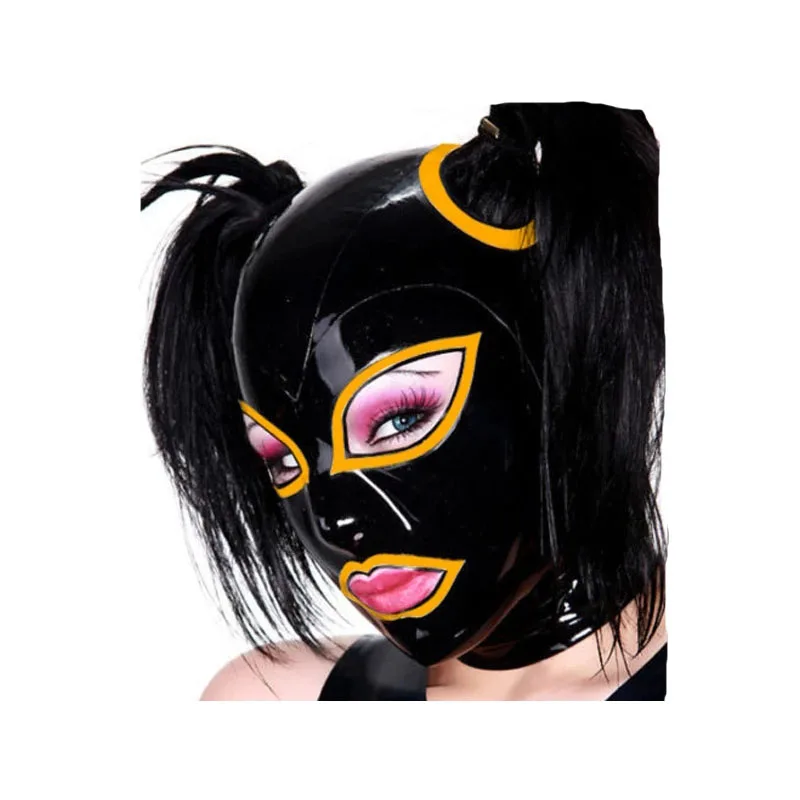 Sexy Black Latex Rubber Mask Hood Black with Orange Trim Hole Fetish Custom Size Women Cosplay Costumes(No Hair)