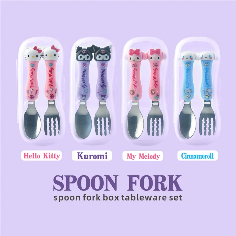 Sanrio Children's Stainless Steel Fork Spoon Set Cartoon Cute Hello Kitty Cinnamonroll Portable Boxed Tableware Set for Baby