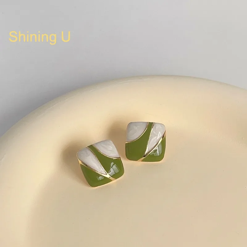 

Shining U Square Green Enameled Stud Earrings for Women Fashion Jewelry Spring