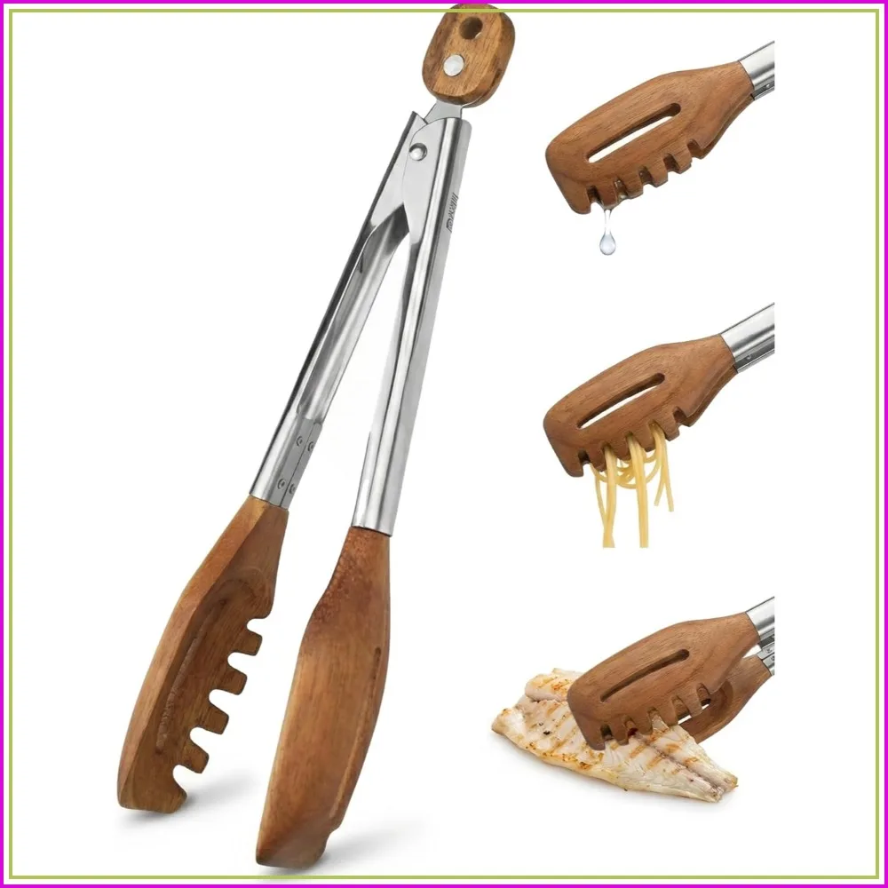 

12 Inch 3-in-1 Kitchen Tongs & Pasta Server, Walnut Multifunction Tongs with Slotted Forked & Flat Tips for Pasta, Salad, Cooking