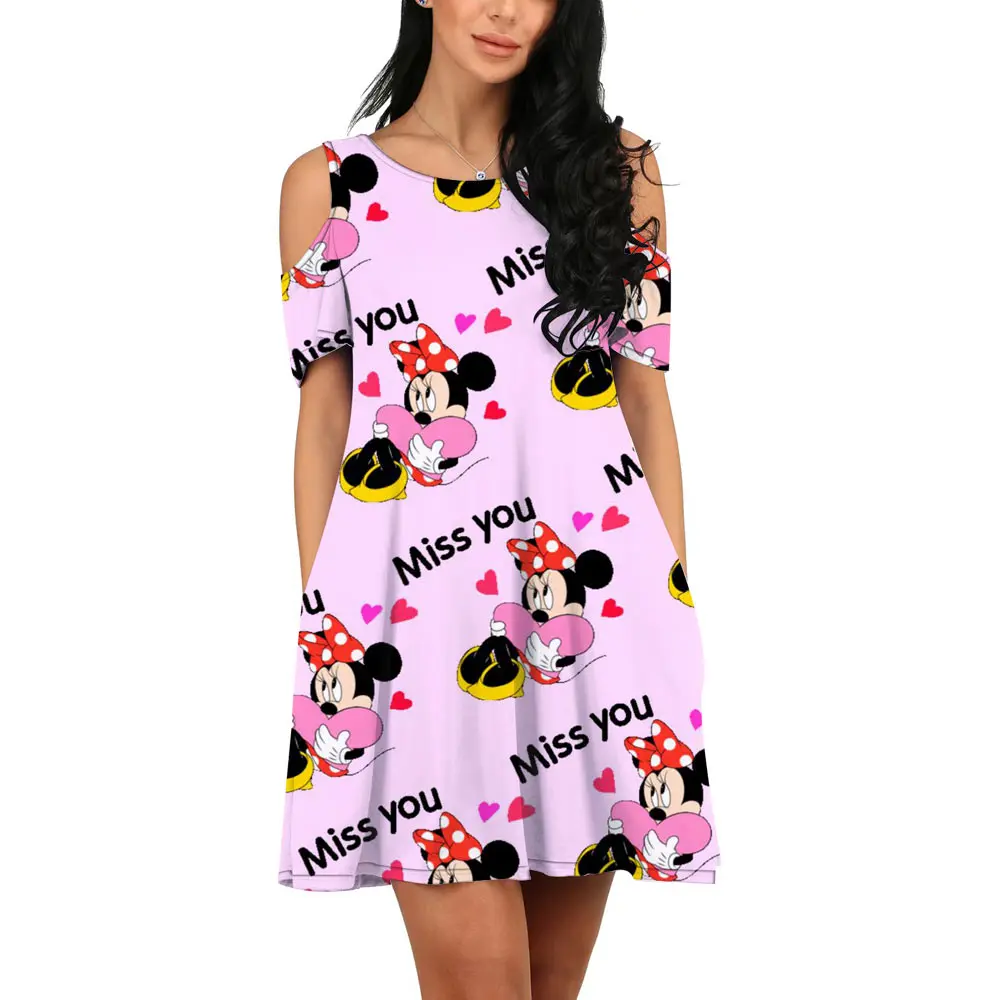 Summer New Elegant Sexy Off-the-shoulder Korean Slim Dress Nightclub Party Disney Brand Print Mickey and Minnie Mouse Pattern