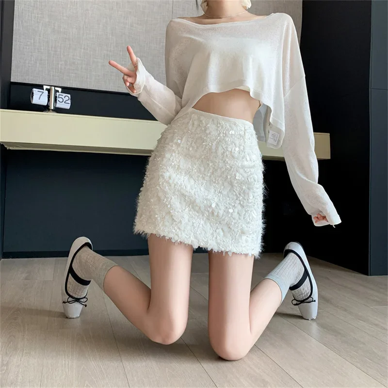 

Women's Party Club Skirt Solid Color High Waist Slim Wrapped Skirt Office Lady A-Line Short Jupe K509 Summer New Vintage Sequin