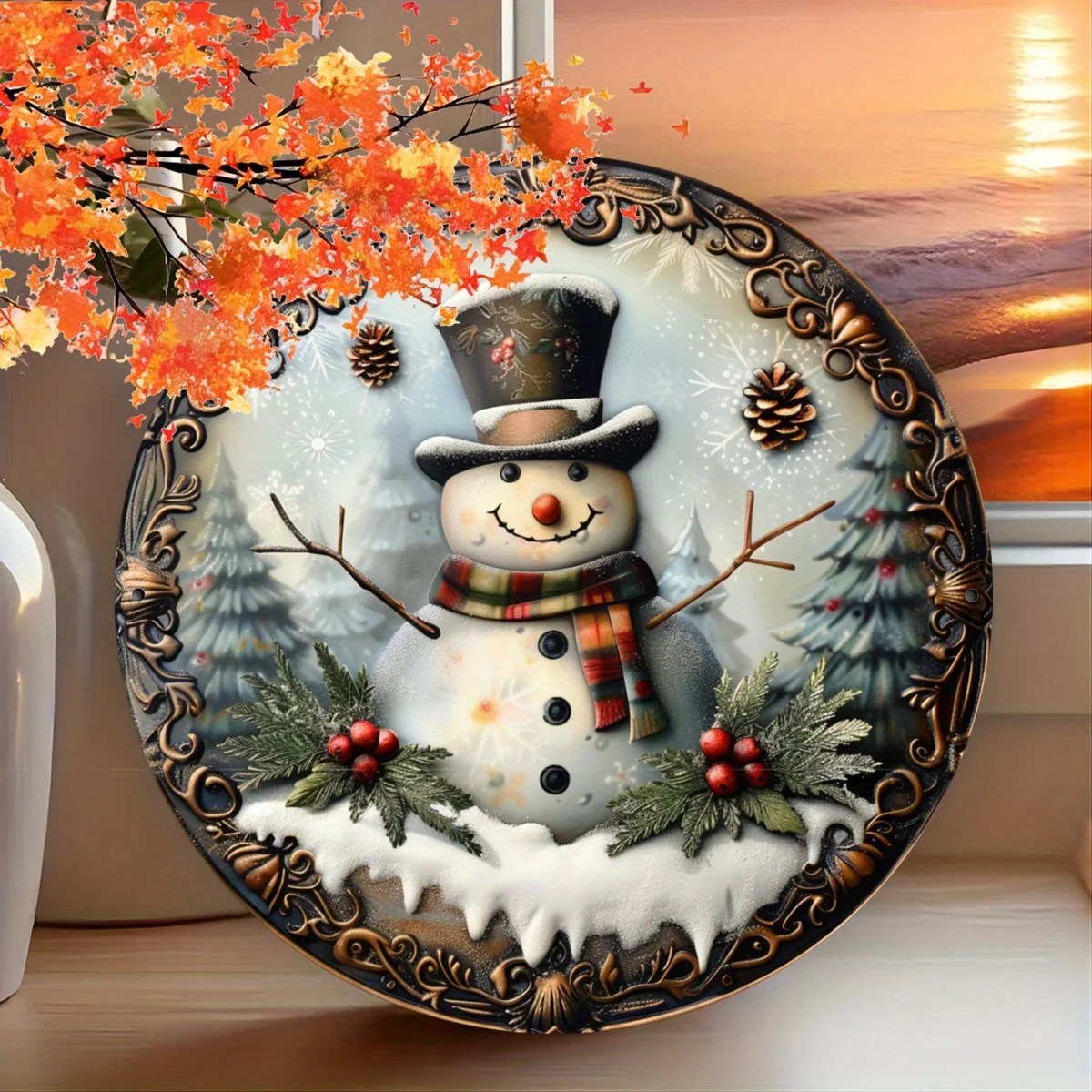 2D Flat, Snowman Round Aluminium Vintage Tin Sign, Christmas Indoor Outdoor Decorative Sign, Home, Cafe, Apartment