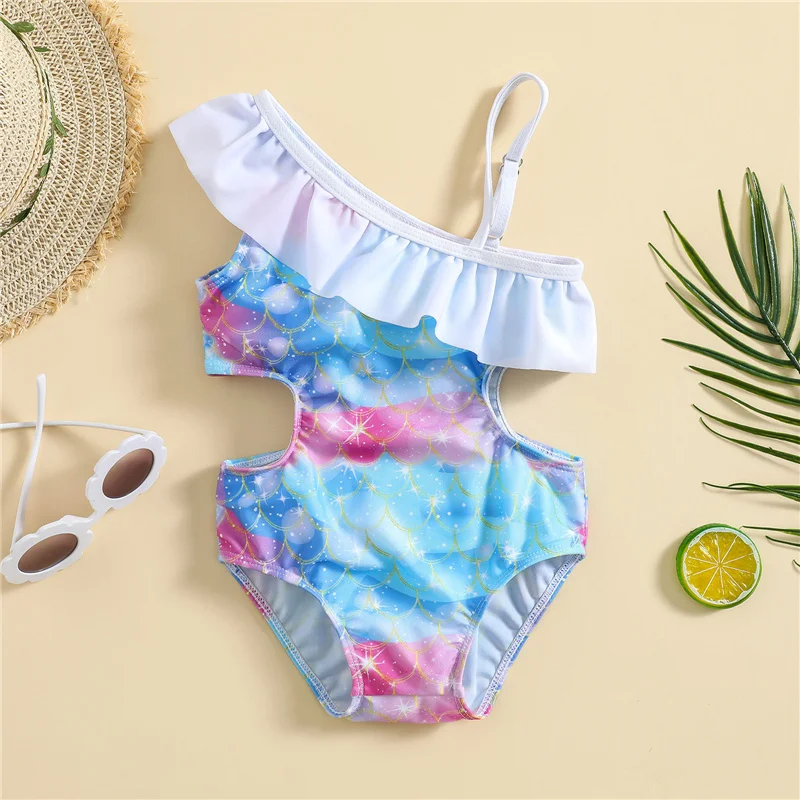 Girl Ruffles Swimsuits Baby Halter One Pieces Swimwear Infant Colorful Beachwear Slant Shoulder Bathing Suits 1-5 Years