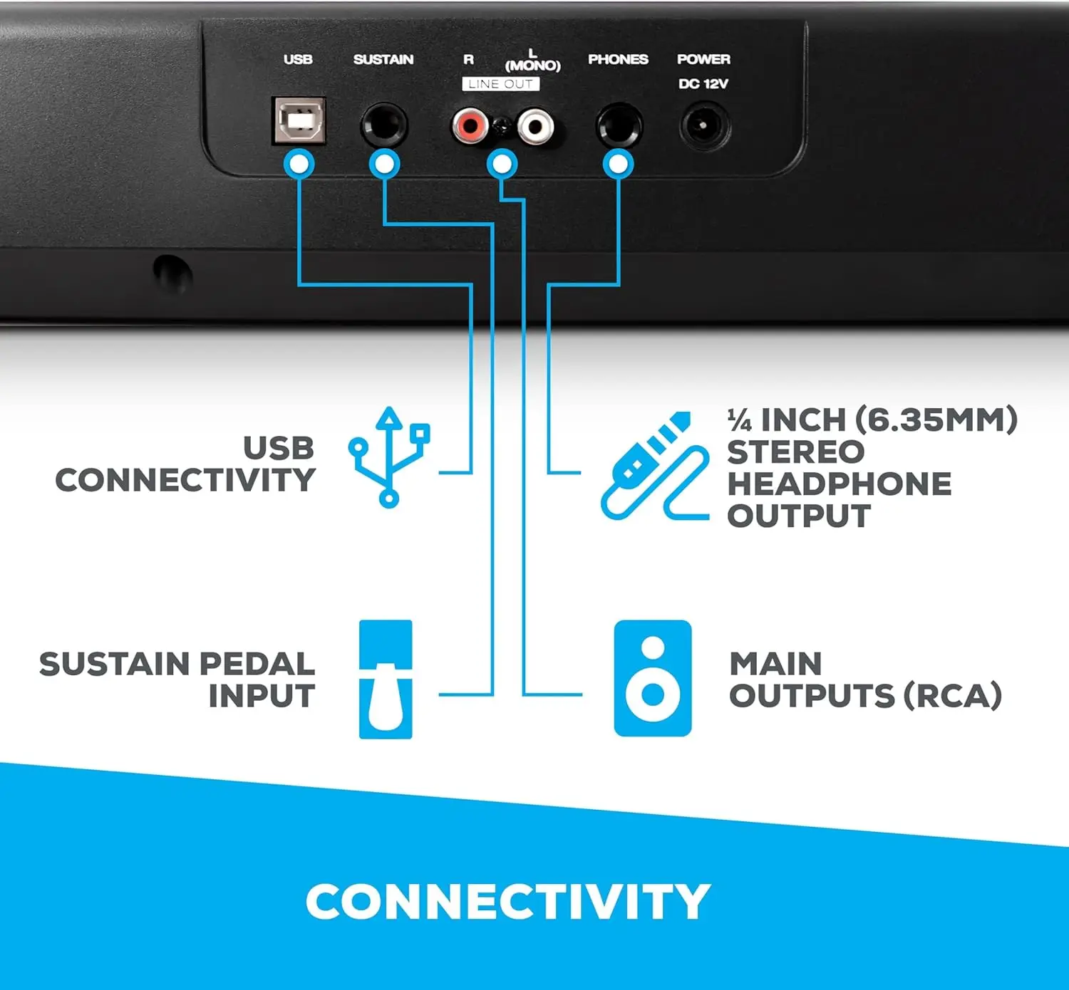 Recital – Teclado de piano digital de 88 teclas con teclas semipesadas, 2 altavoces de 20 W, 5 voces, modo dividido, capa y lección, FX y