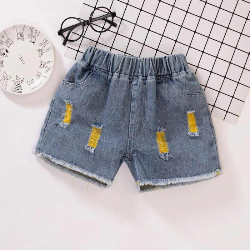 Girls Plain Ripped Jean Shorts New 2024 Girls And Children Wear Jean Shorts Summer Girl's Jean Shorts