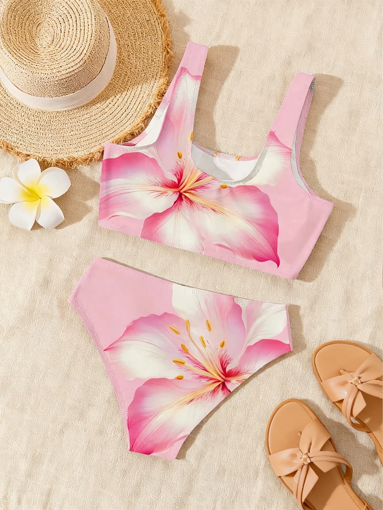 Girls' Summer Casual Swimwear, Children's Fashionable Swimsuit Set, Simple Floral Print Tank Top Swimsuit with Briefs Two-Piece Set, Suitable for Girls over 3 Years Old, for Home, Pool, Vacation, Seaside, and Beach