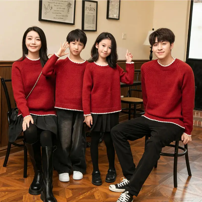 Family Red Sweater Winter Knitted Set Thickened Round Neck Pullover Top Casual Parent Child Matching Outfit
